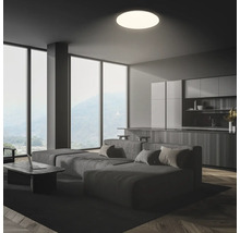 Vardagsrum med soffa, kök och taklampa