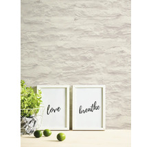 Väggdekoration med tapet i stenimitation, dekoration med växter och fotoramar