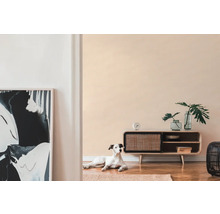 Vardagsrum med träskåp, dekoration, konstverk och en hund på en matta.