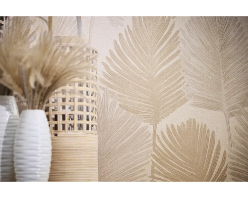 Dekorativ tapet med bladmönster och vaser