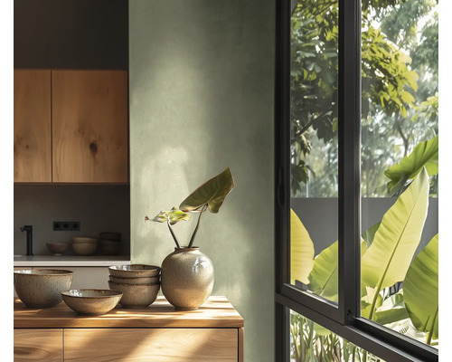 Ljust kök med träelement, porslin och fönster med utsikt över grönska