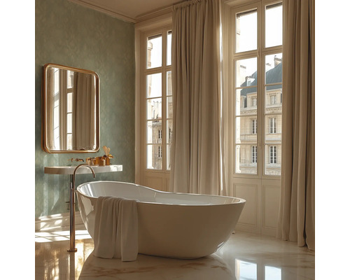 Badrum med fristående badkar, handfat och spegel