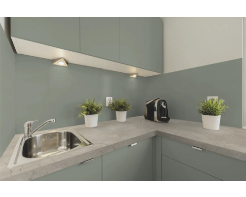 Köksscen med diskho, kran, bänkskiva, växter och kaffebryggare