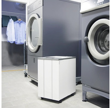 Tvättstuga med tvättmaskiner, torktumlare och tvättmedelsautomat för kommersiellt bruk.