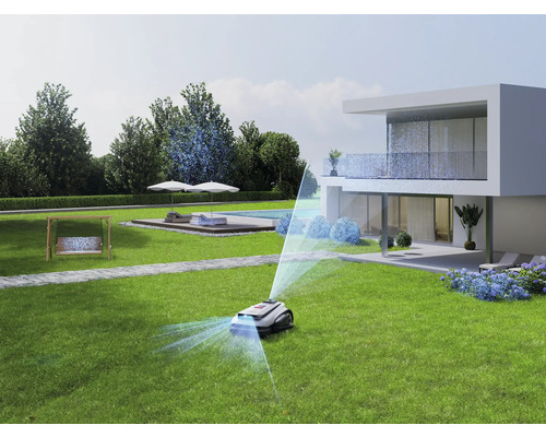 Robotgräsklippare i arbete i en modern trädgård med hus, pool och gunga
