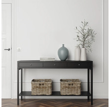 Svart konsolbord med lådor, vaser och korgar