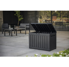 Öppen, svart förvaringsbox i plast för utomhusbruk
