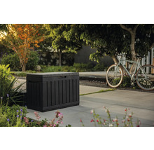 Trädgårdsscen med en förvaringslåda för utomhusbruk och en cykel