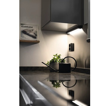 Köksscen med bänkskiva, krukväxt, vattenkanna, eluttag och köksbelysning