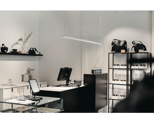 Inredning av en butik med kassaapparat, belysning och hyllor med varor.