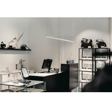 Interiör av en butik med försäljningsyta, kassa, hyllor och belysning