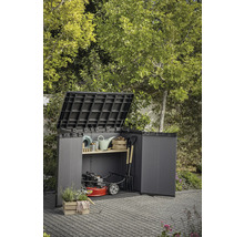 Öppet trädgårdsförråd med trädgårdsredskap