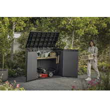 Trädgårdsscen med en kvinna som bär en låda med växter bredvid en redskapsbod fylld med trädgårdsredskap och en gräsklippare