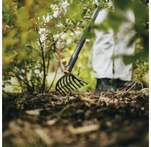 Trädgårdsscen med kratta för trädgårdsskötsel