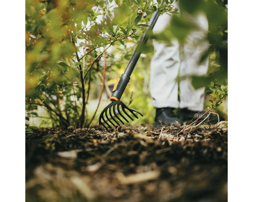 Trädgårdsscen med kratta för trädgårdsskötsel