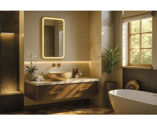 Modernt badrum med tvättställ, spegel med belysning och badkar.