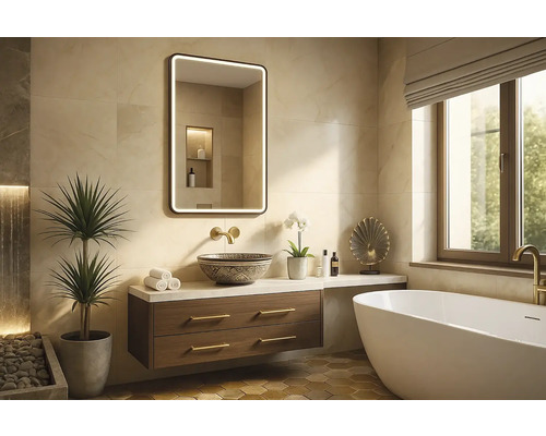 Ljust badrum med tvättställ, spegel med belysning, badkar och dekorativa element