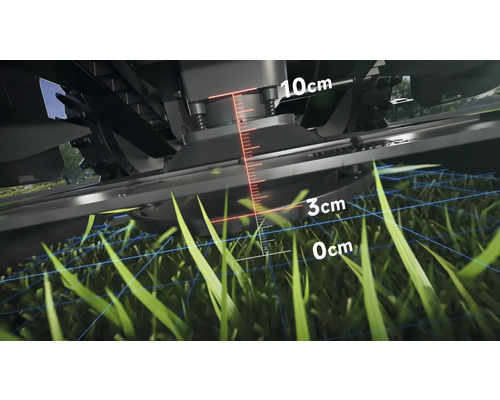 Detaljvy av en gräsklippare som visar klipphöjden mellan noll och tio centimeter