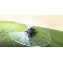 Robotgräsklippare på en gräsmatta med sensorvisualisering