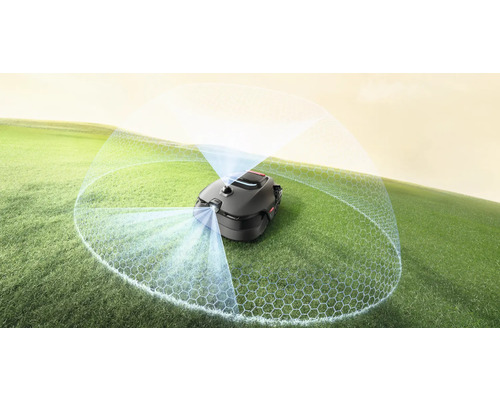 Robotgräsklippare på en gräsmatta med sensorvisualisering