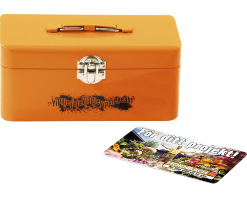 Orange verktygslåda med tryck och Hornbach presentkort
