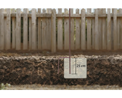 Ett markankare med en längd på 25 cm är fäst i marken för att garantera stabilitet.