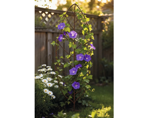 Trädgårdsscen med spaljé, blommande vindor och prästkragar