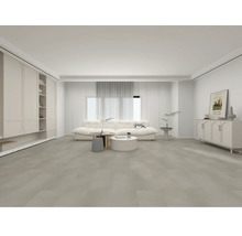 Vardagsrum med soffa, skåp och golvbeläggning