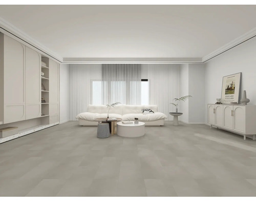 Vardagsrum med soffa, skåp och golvbeläggning