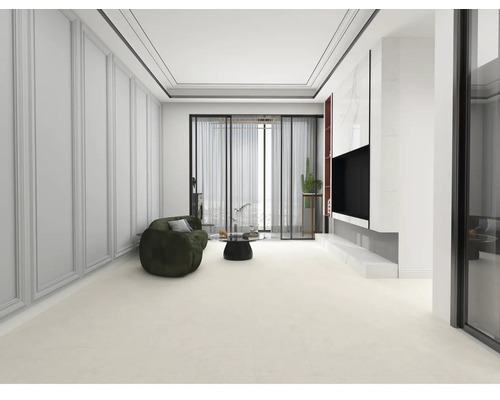 Ljust vardagsrum med soffa, soffbord och tv-vägg