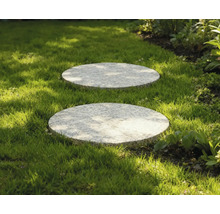 Två runda trampstenar av sten i gräsmattan