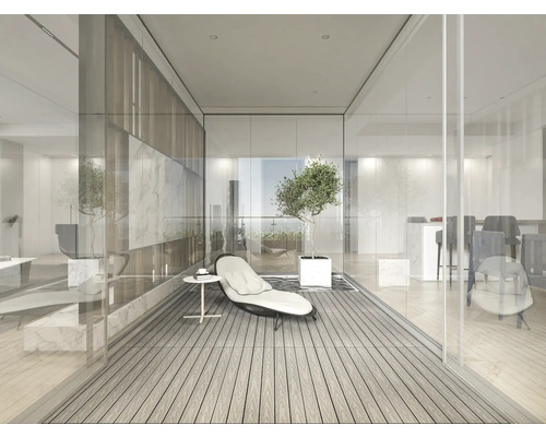 Ljust rum med sittmöbler, bord och växt för vardagsrummet