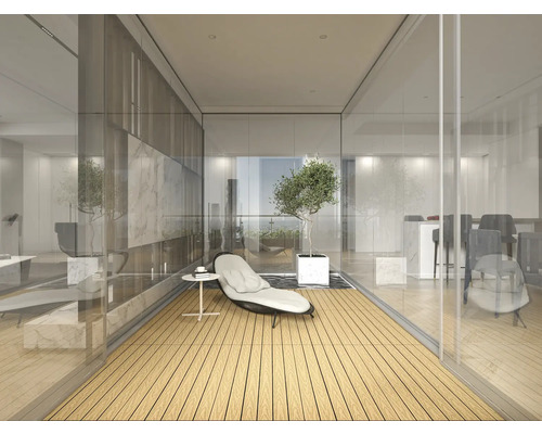 Ljust rum med sittmöbler, bord och växt i modern design.