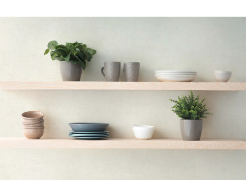 Två hyllor dekorerade med porslin och krukväxter