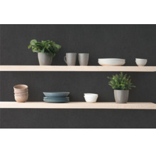 Hyllor med porslin och dekoration för en ljus och organiserad atmosfär.