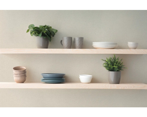 Hyllor med porslin, muggar och växter