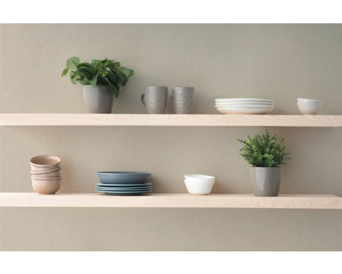 Hylla med porslin och växter