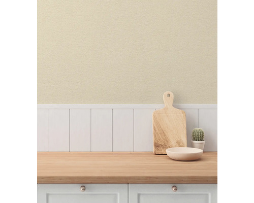 Köksscen med skärbräda, skål och kaktus på en bänkskiva framför en panelvägg.