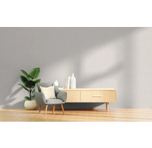 Vardagsrum med fåtölj, krukväxt och träskänk