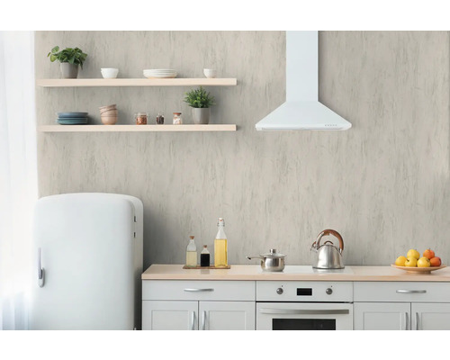 Köksscen med köksmöbler, hyllor, dekoration och köksredskap