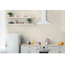 Ljust kök med kylskåp, hyllor och köksredskap.