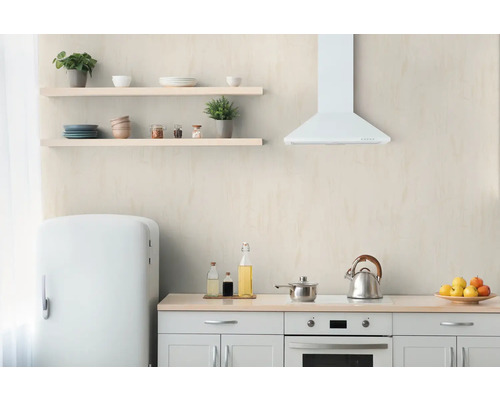 Ljust kök med kylskåp, hyllor och köksredskap.