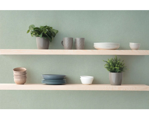 Hylla med porslin och krukväxter