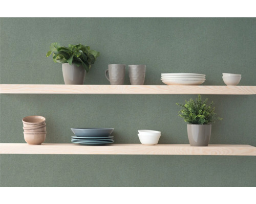 Hyllor på väggen med porslin och krukväxter