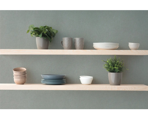 Dekorativa hyllor med porslin och växter för väggdekoration