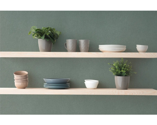 Hyllor med porslin och växter