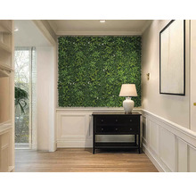 Hall med växtvägg, byrå och lampa