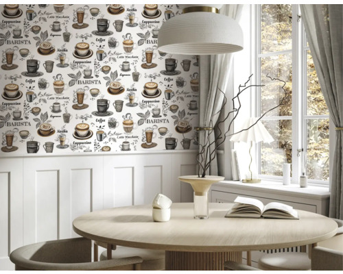 Matsal med runt bord, stolar och tapet med kaffemotiv