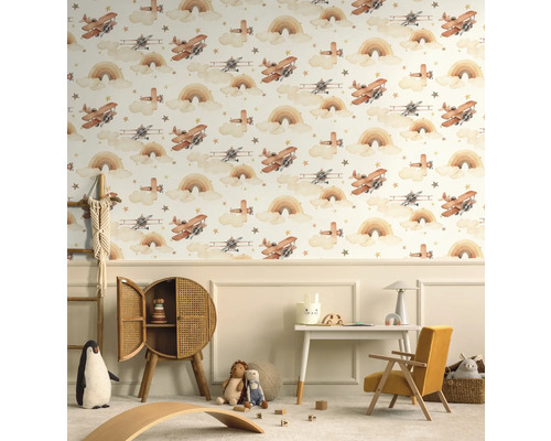 Barnrum med flygplanstapet, leksaker och möbler