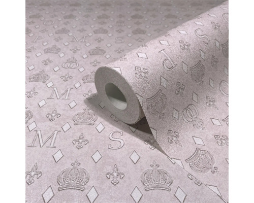 Rulle vinyltapet med kronor, bokstäver och rombmönster